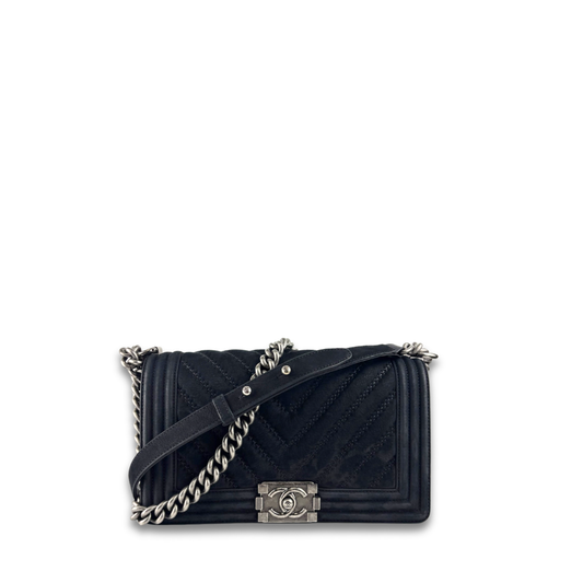 Chanel Black Suede Chevron Old Medium Boy Bag