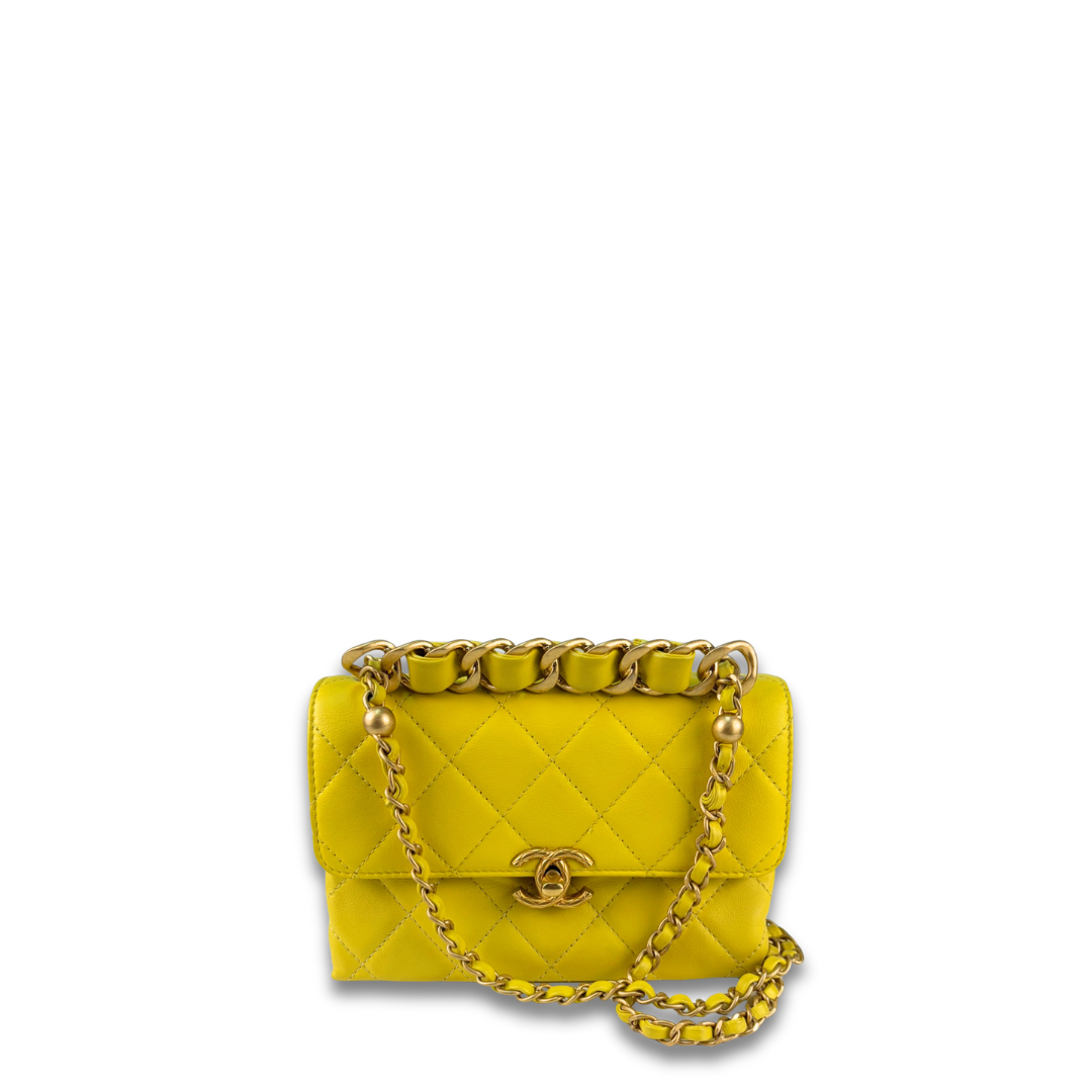 Chanel Yellow Mini Chain Bar Top Handle Flap Bag