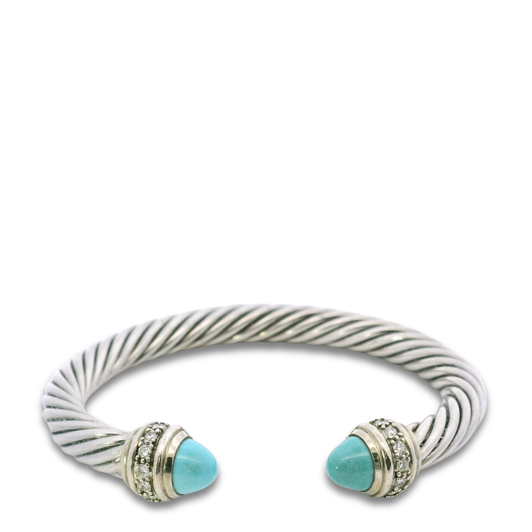 David Yurman Sterling Silver Diamond Turquoise 7mm Cable Cuff