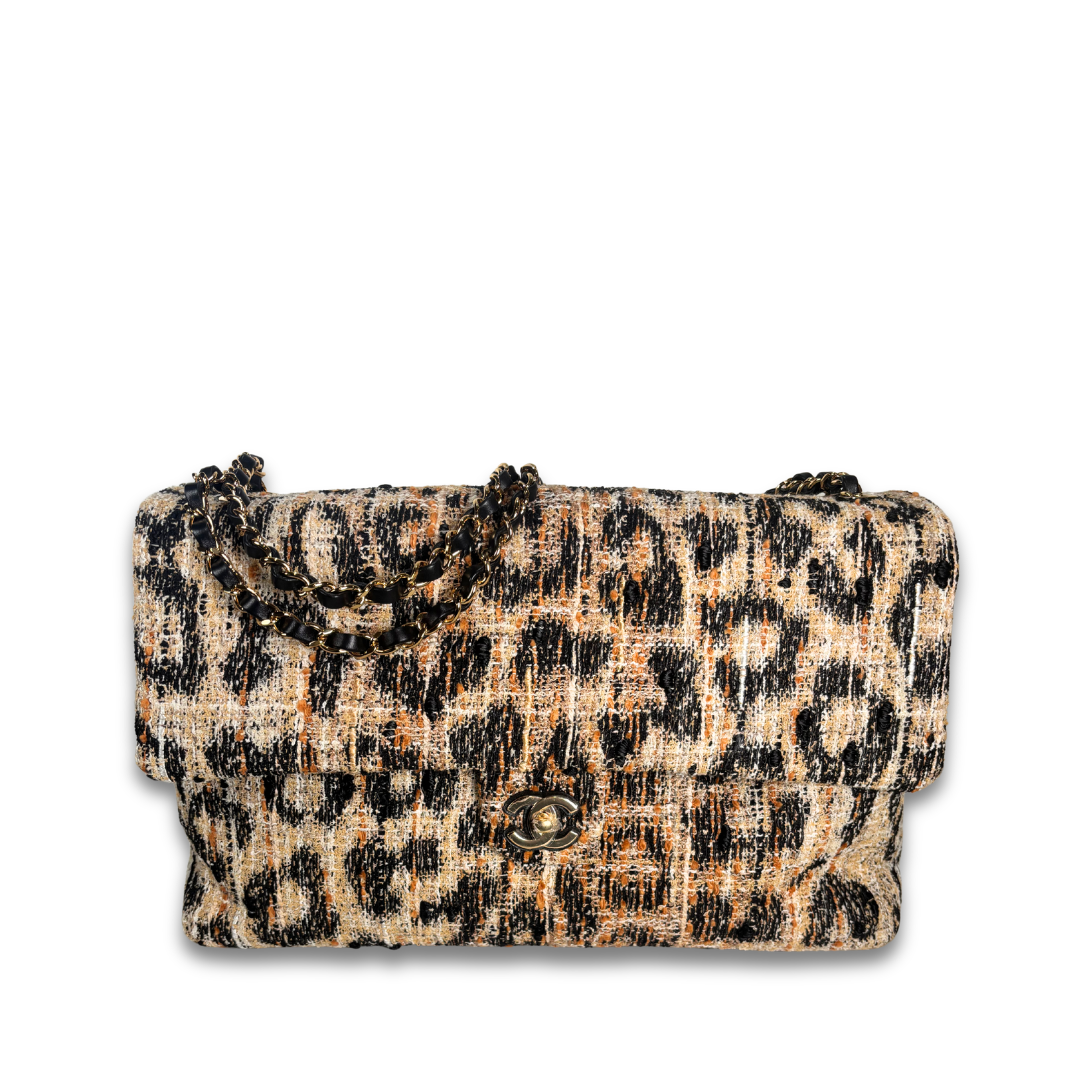 Chanel Leopard Print Tweed Maxi Single Flap