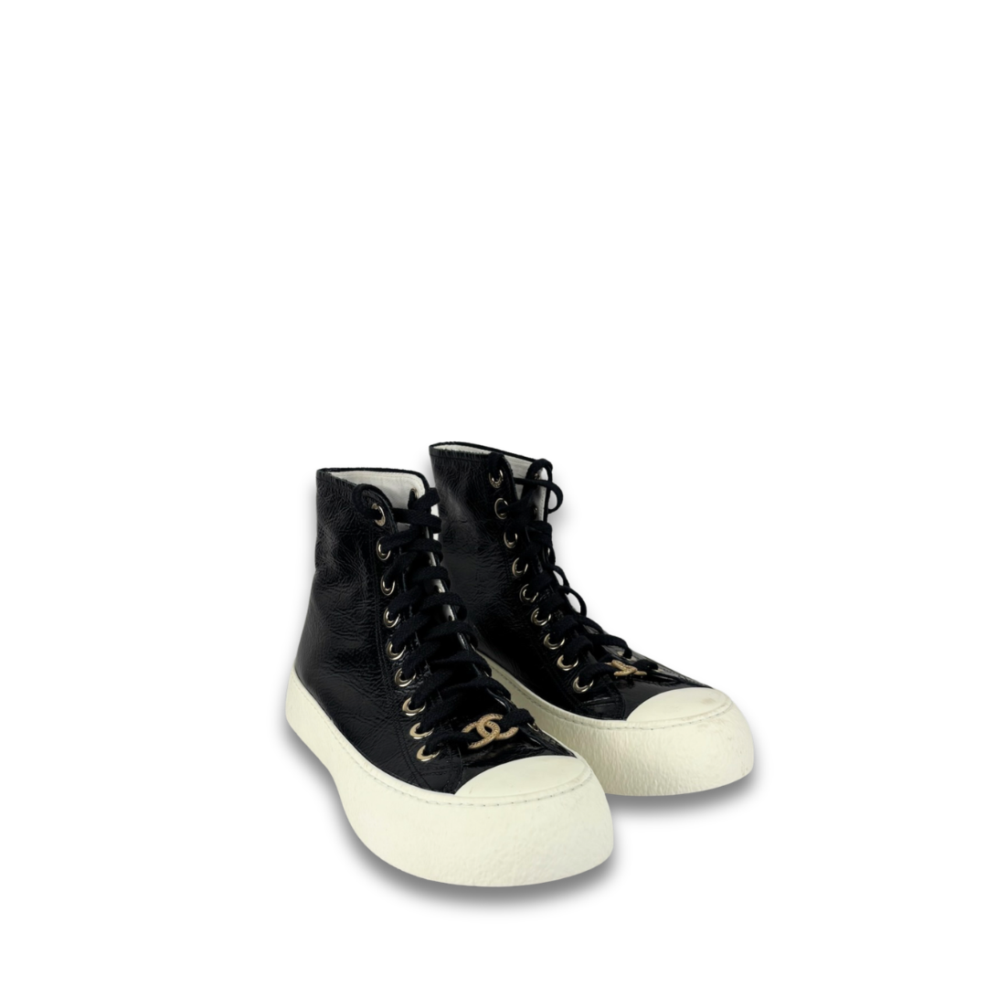 Chanel Patent Leather Platform High Top Sneakers - Size 37.5