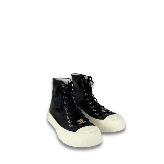 Chanel Patent Leather Platform High Top Sneakers - Size 37.5