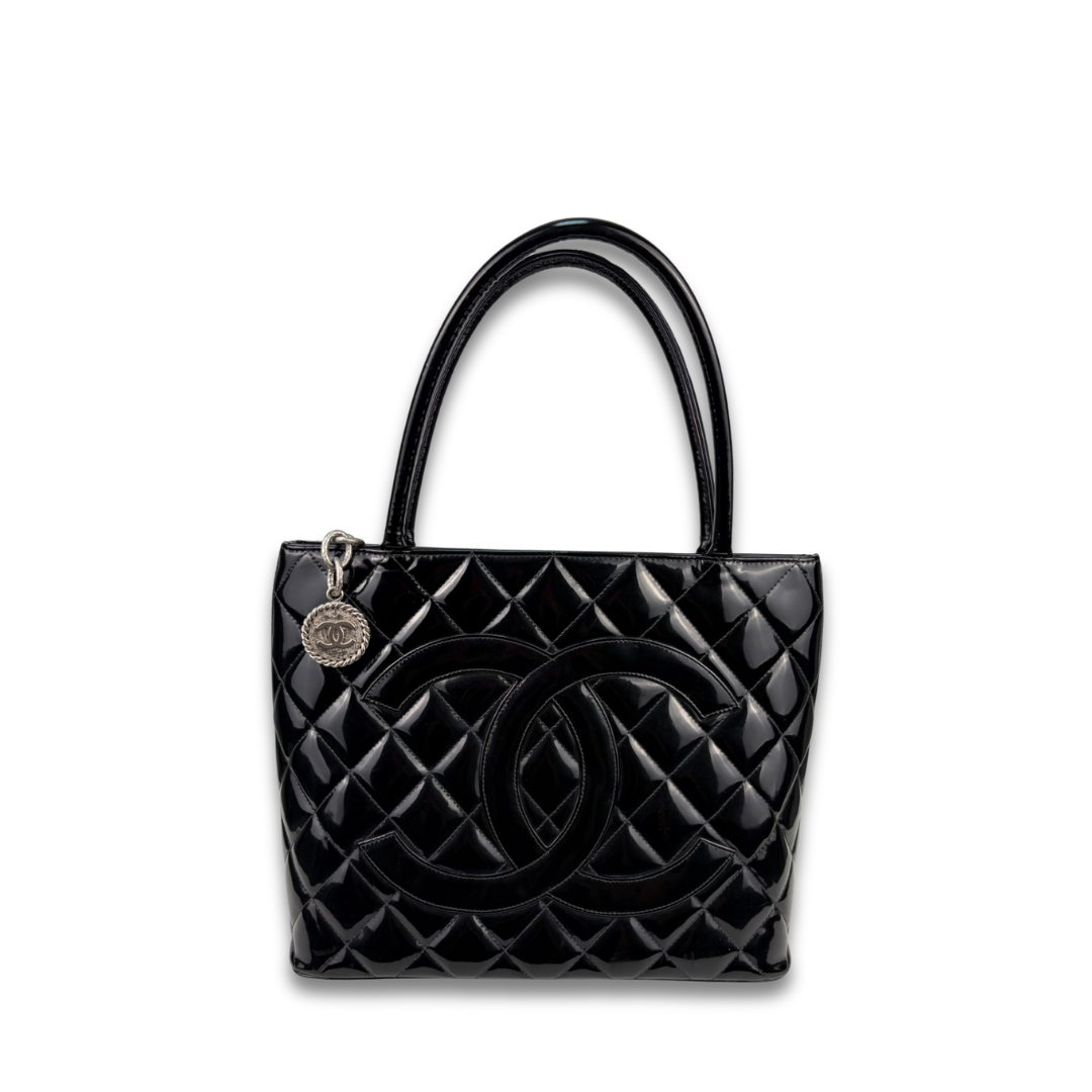 Chanel Black Patent Leather Medallion Tote