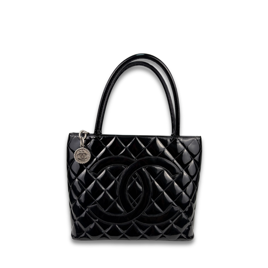 Chanel Black Patent Leather Medallion Tote