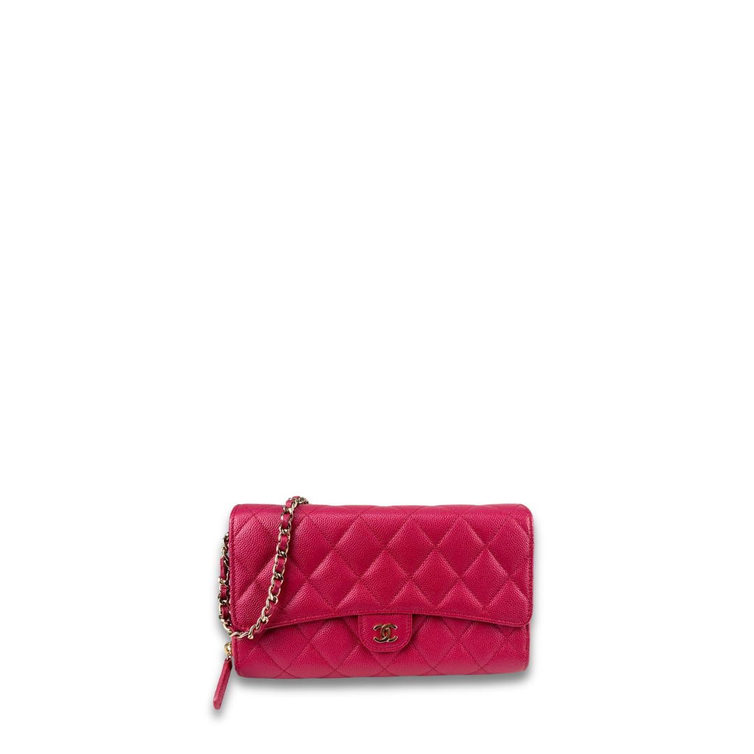Chanel Dark Pink Caviar Quilted Flap Wallet on Chain