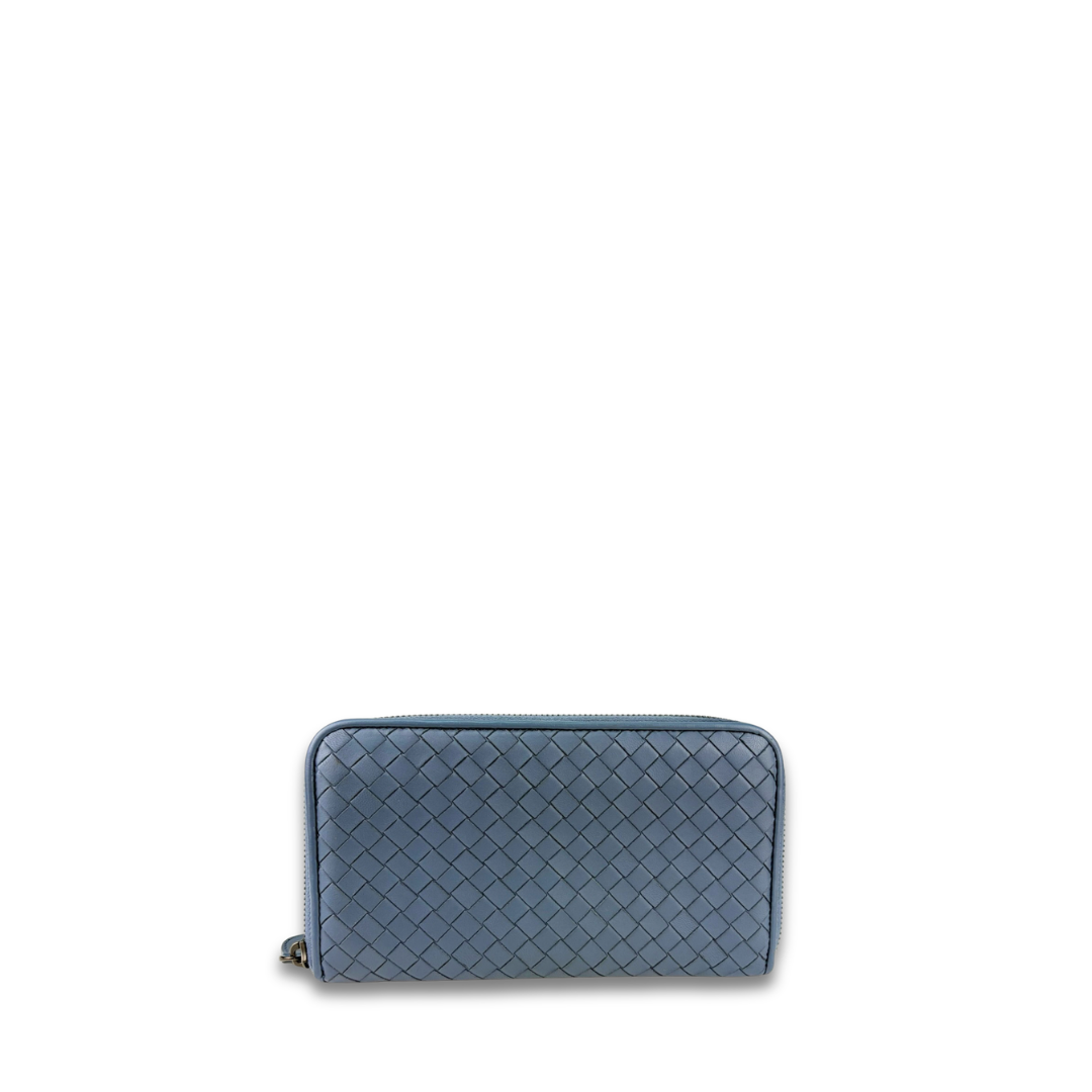 Bottega Veneta Grey Blue Intrecciato Full Size Zip Wallet