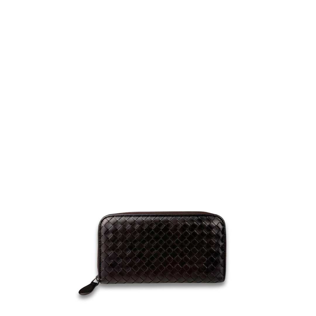 Bottega Veneta Dark Brown Intrecciato Full Size Zip Wallet