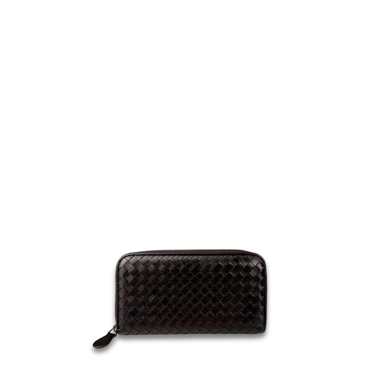 Bottega Veneta Dark Brown Intrecciato Full Size Zip Wallet