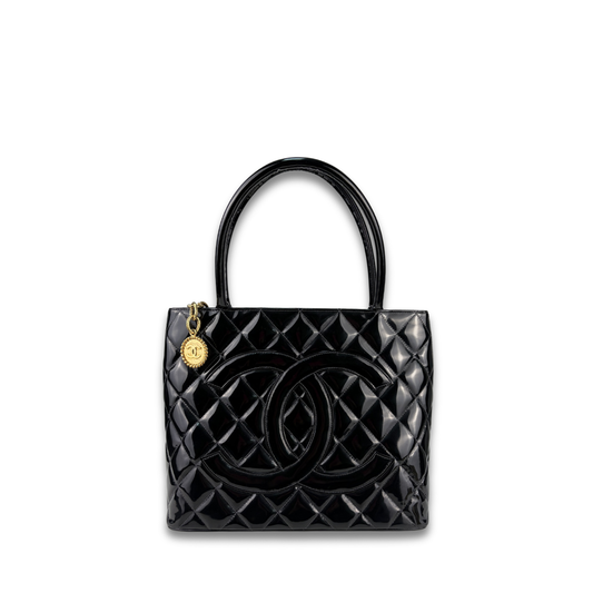 Chanel Black Patent Leather Medallion Tote