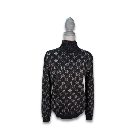 Gucci Silver Glitter GG Monogram Knit Turtleneck Sweater