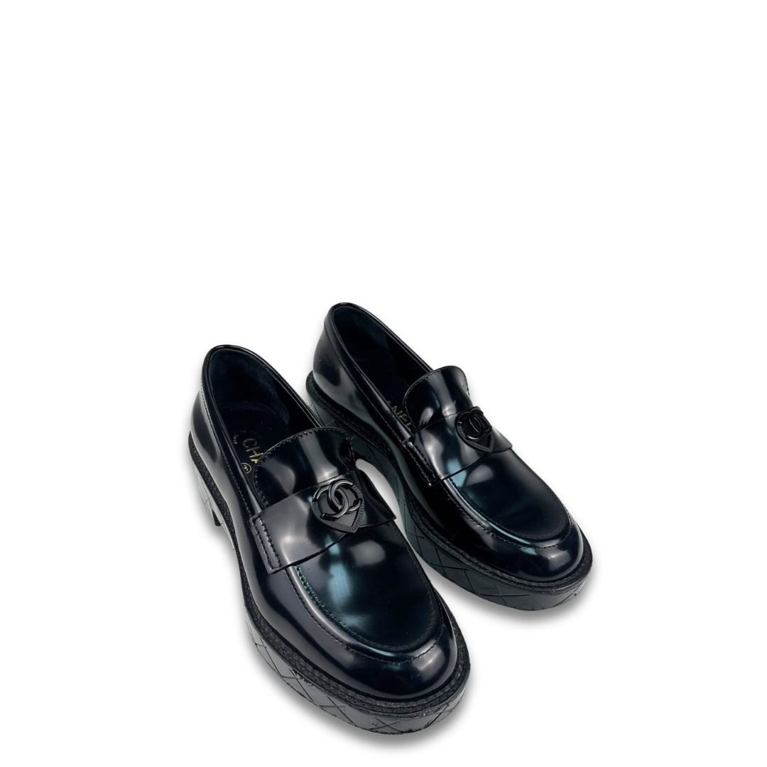 Chanel Black Patent Heart Loafers - Size 37.5