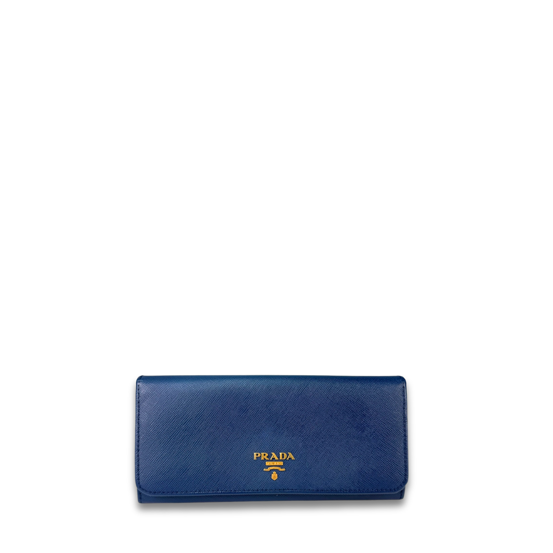 Prada Blue Saffiano Continental Snap Wallet
