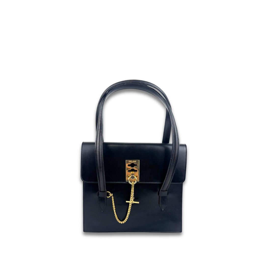 Celine Vintage Black Leather Lock Tote