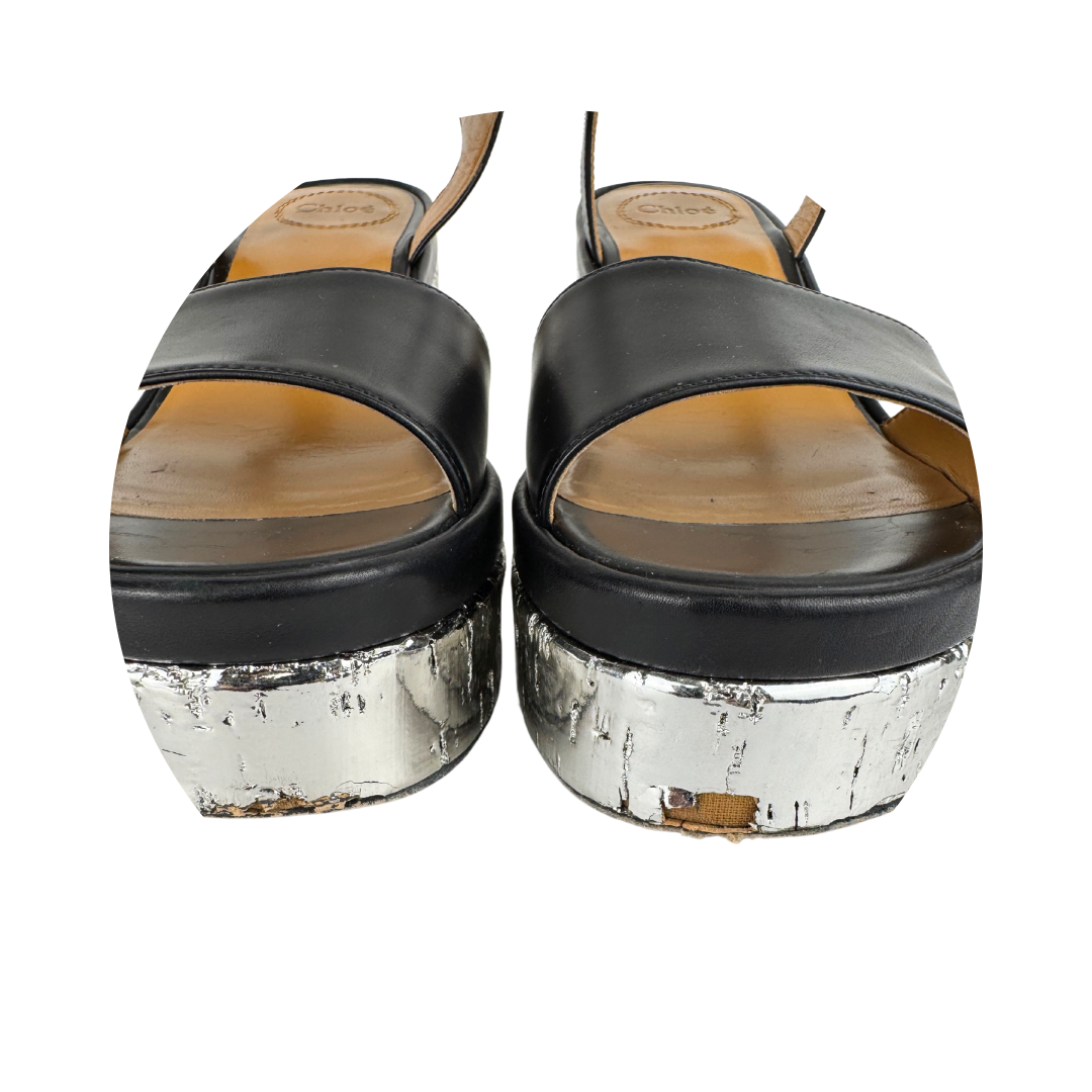 Chloe Silver Cork Platform Sandals - Size 37