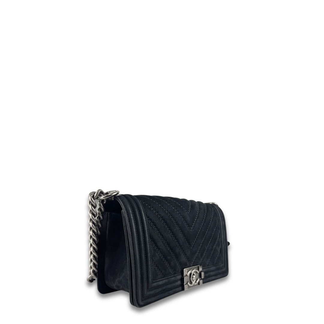 Chanel Black Suede Chevron Old Medium Boy Bag