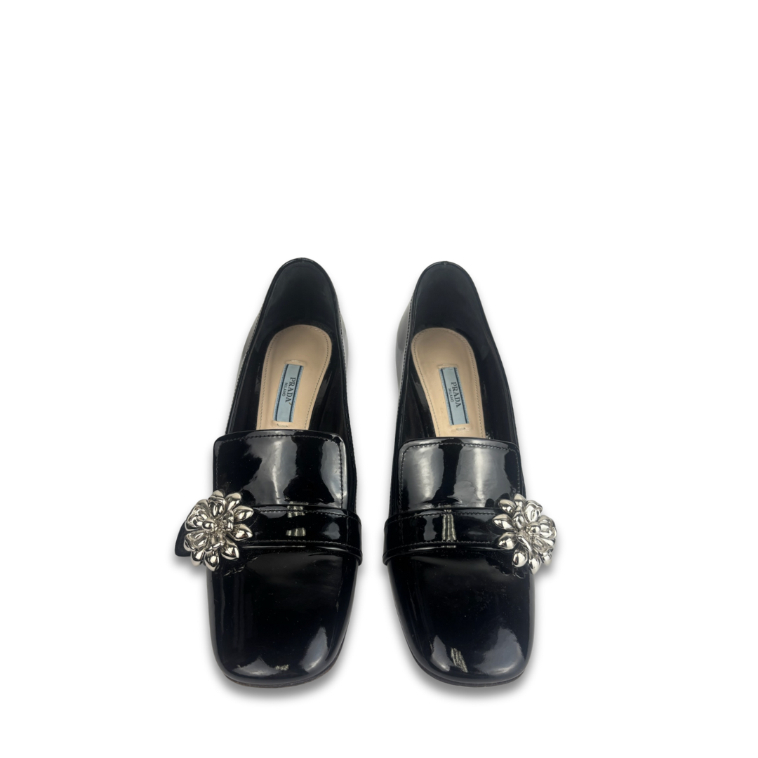 Prada Patent Leather Embellished Flower Heels - Size 39