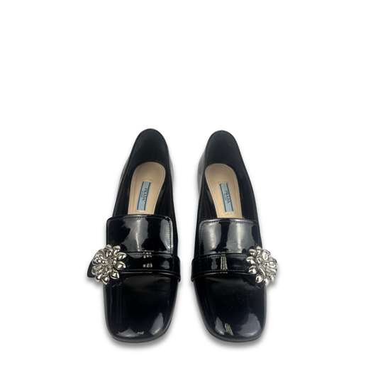 Prada Patent Leather Embellished Flower Heels - Size 39