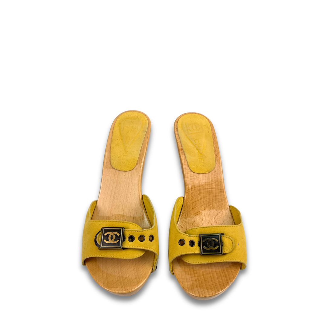 Chanel Yellow Suede Wooden Heels - Size 38