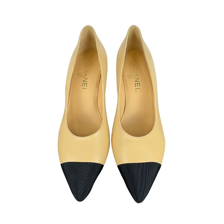 Chanel Lambskin Cap Toe CC Pearl Pumps - Size 39.5 | Lola