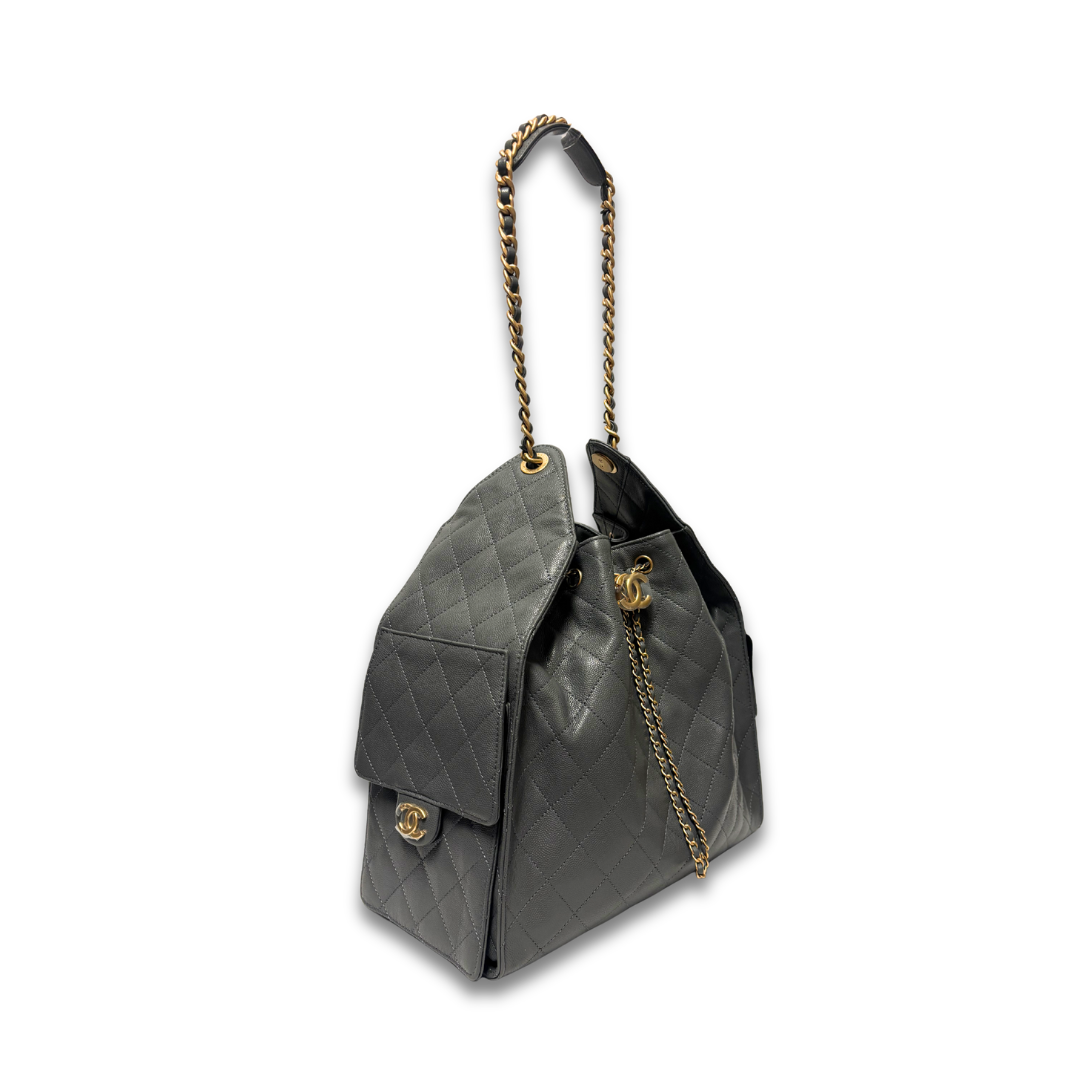 Chanel Dark Grey Caviar Quilted Medium 25 Hobo
