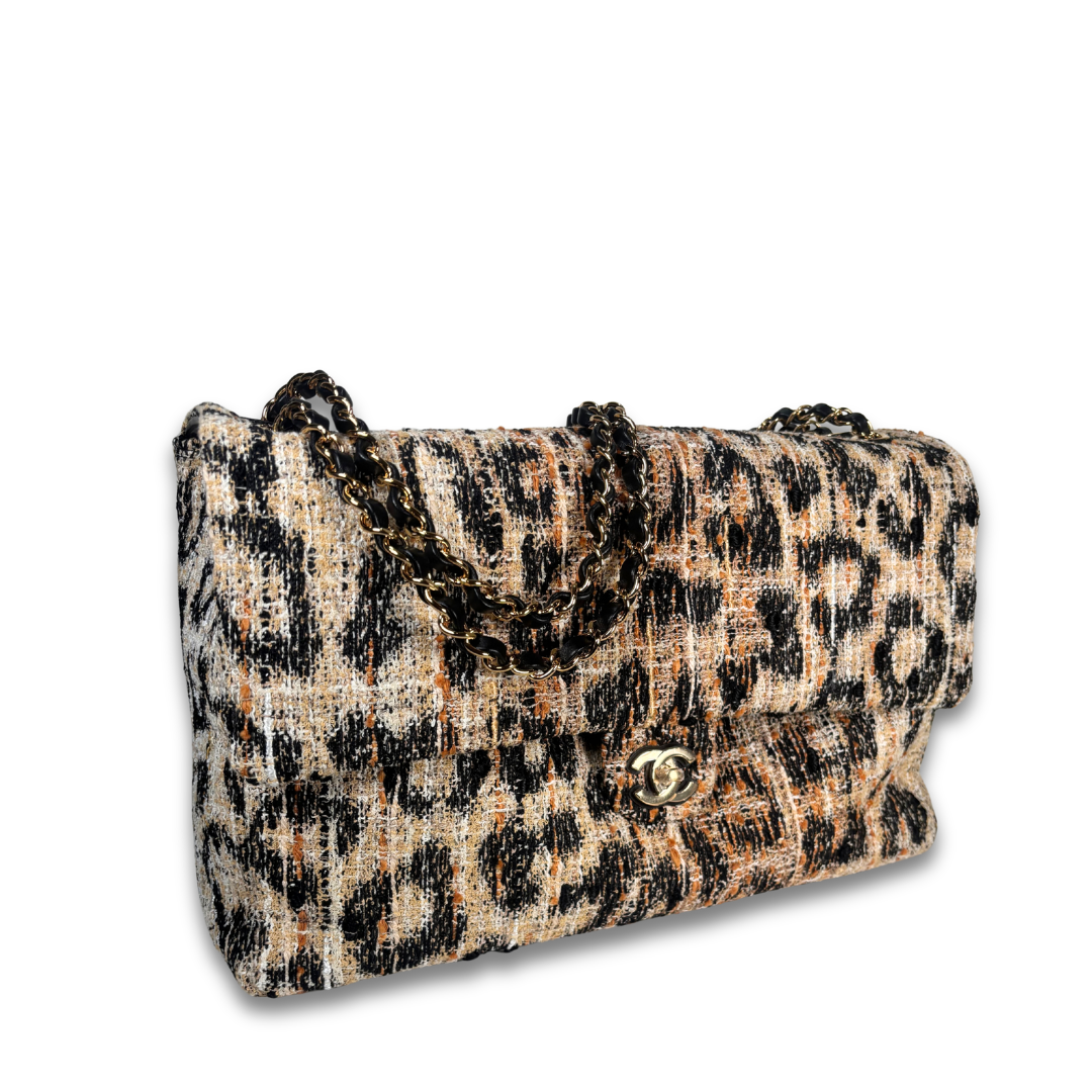 Chanel Leopard Print Tweed Maxi Single Flap