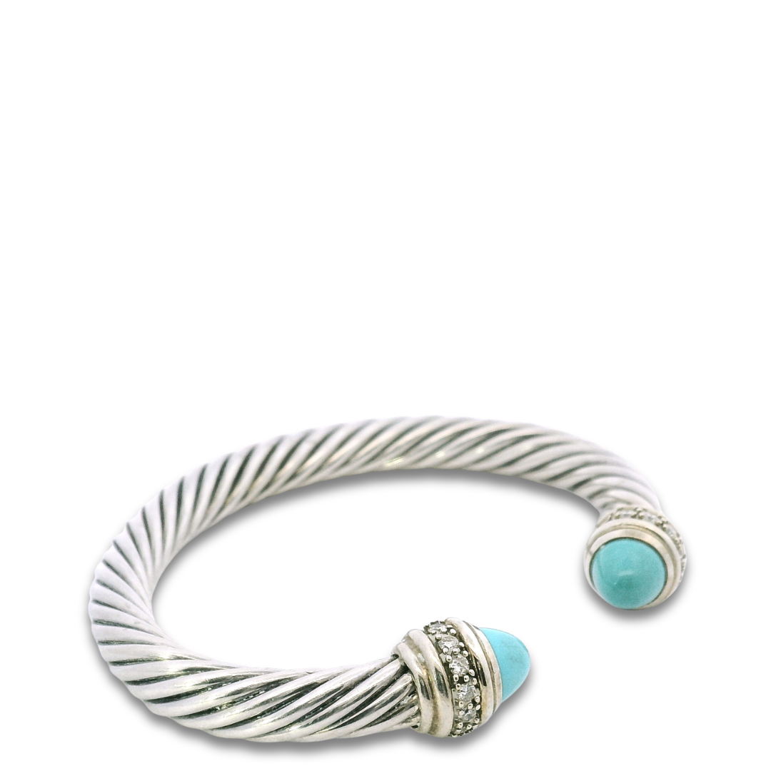 David Yurman Sterling Silver Diamond Turquoise 7mm Cable Cuff