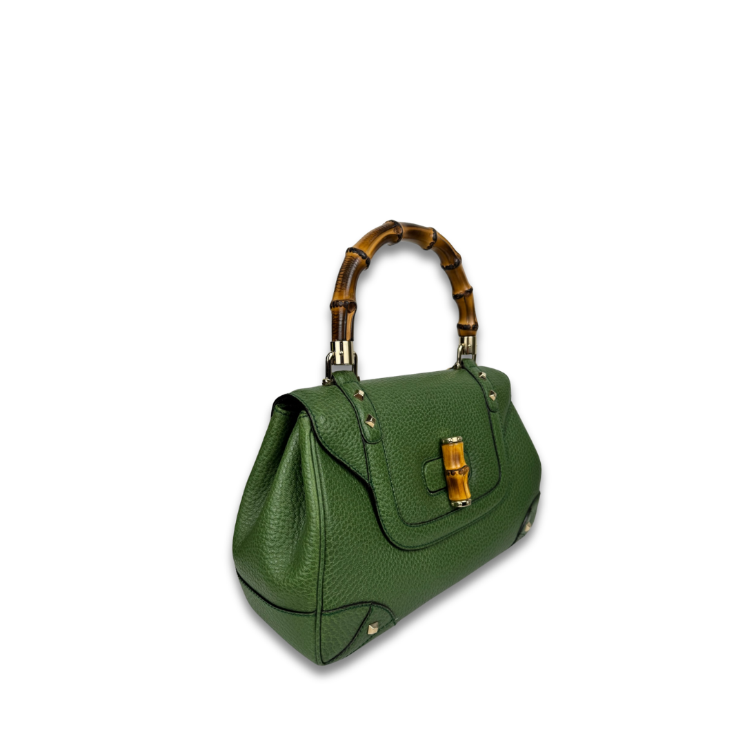 Gucci Green Nailhead Bamboo Top Handle Bag