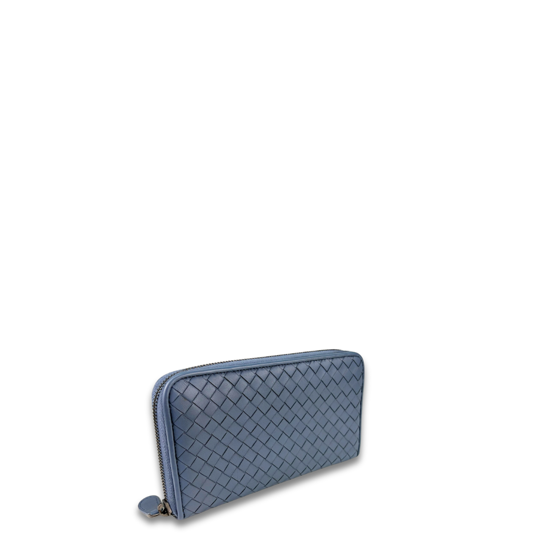Bottega Veneta Grey Blue Intrecciato Full Size Zip Wallet