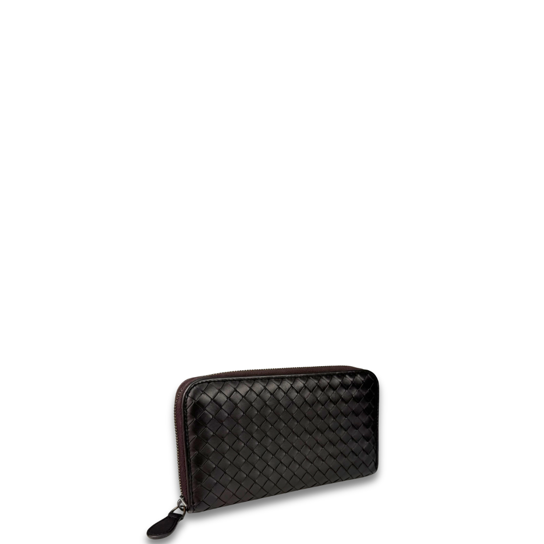 Bottega Veneta Dark Brown Intrecciato Full Size Zip Wallet