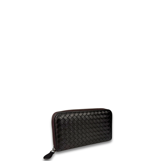 Bottega Veneta Dark Brown Intrecciato Full Size Zip Wallet