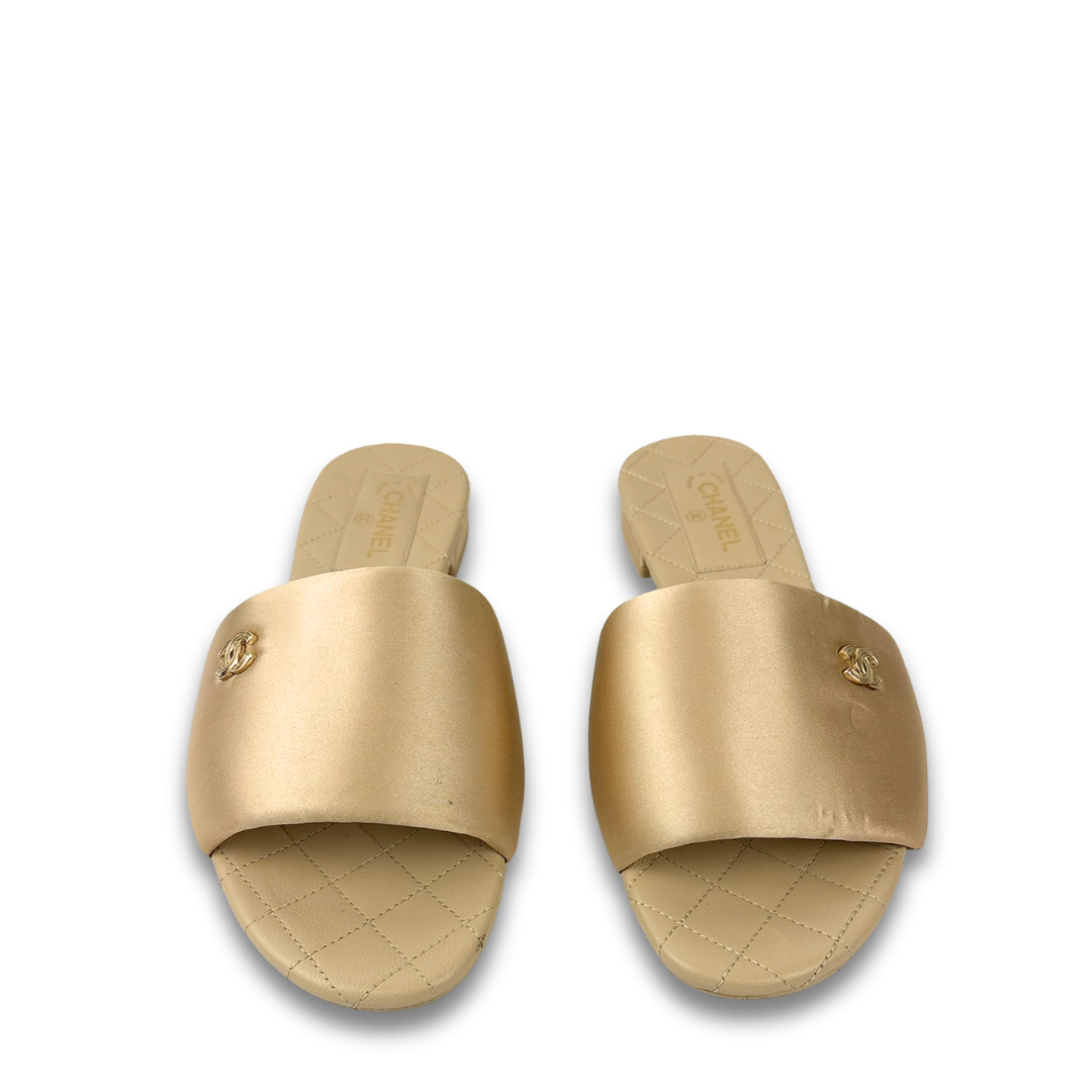 Chanel Beige Satin Mule Sandals - Size 38