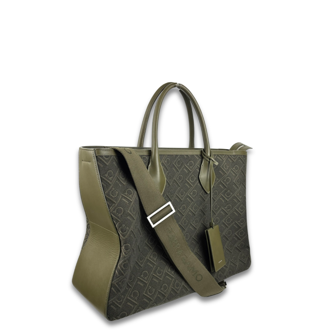 Ferragamo Green Jacquard Top Handle Tote