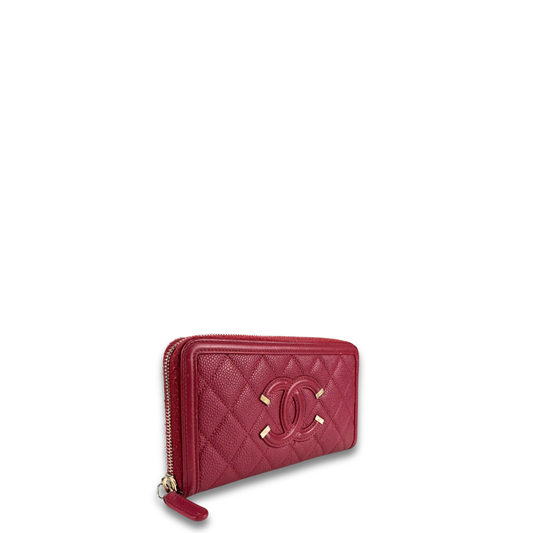 Chanel Red Caviar Filigree Zipper Wallet