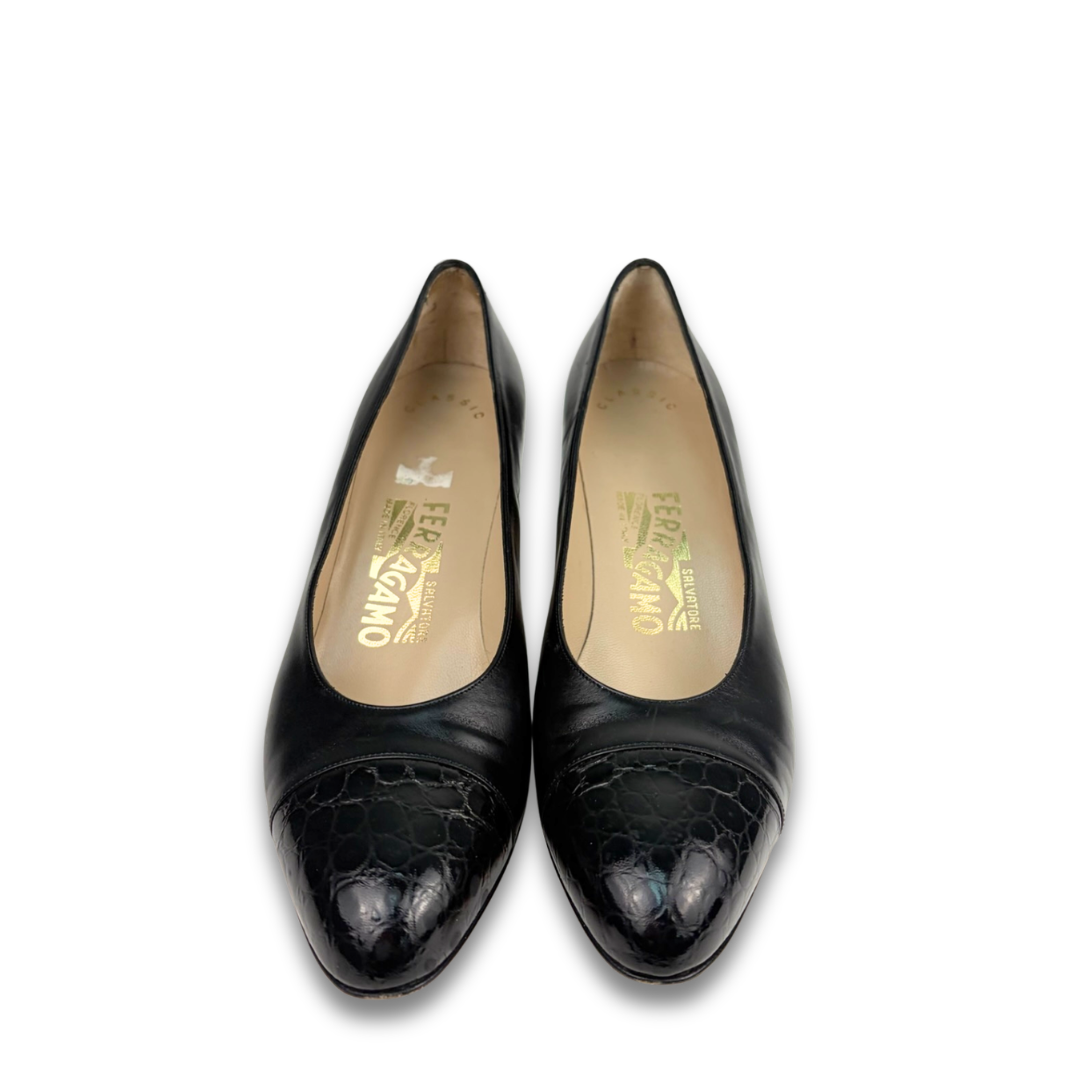 Ferragamo Black Patent Embossed Cap-Toe Pumps - Size 8