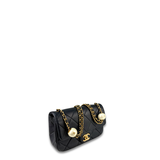 Chanel Black Lambskin Double Pearl Mini Flap