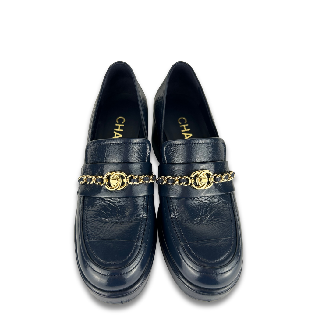 Chanel Navy Patent Chainlink Loafers - Size 37