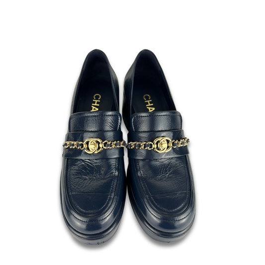 Chanel Navy Patent Chainlink Loafers - Size 37
