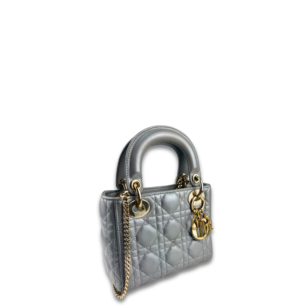 Dior Silver Lambskin Mini Lady Dior