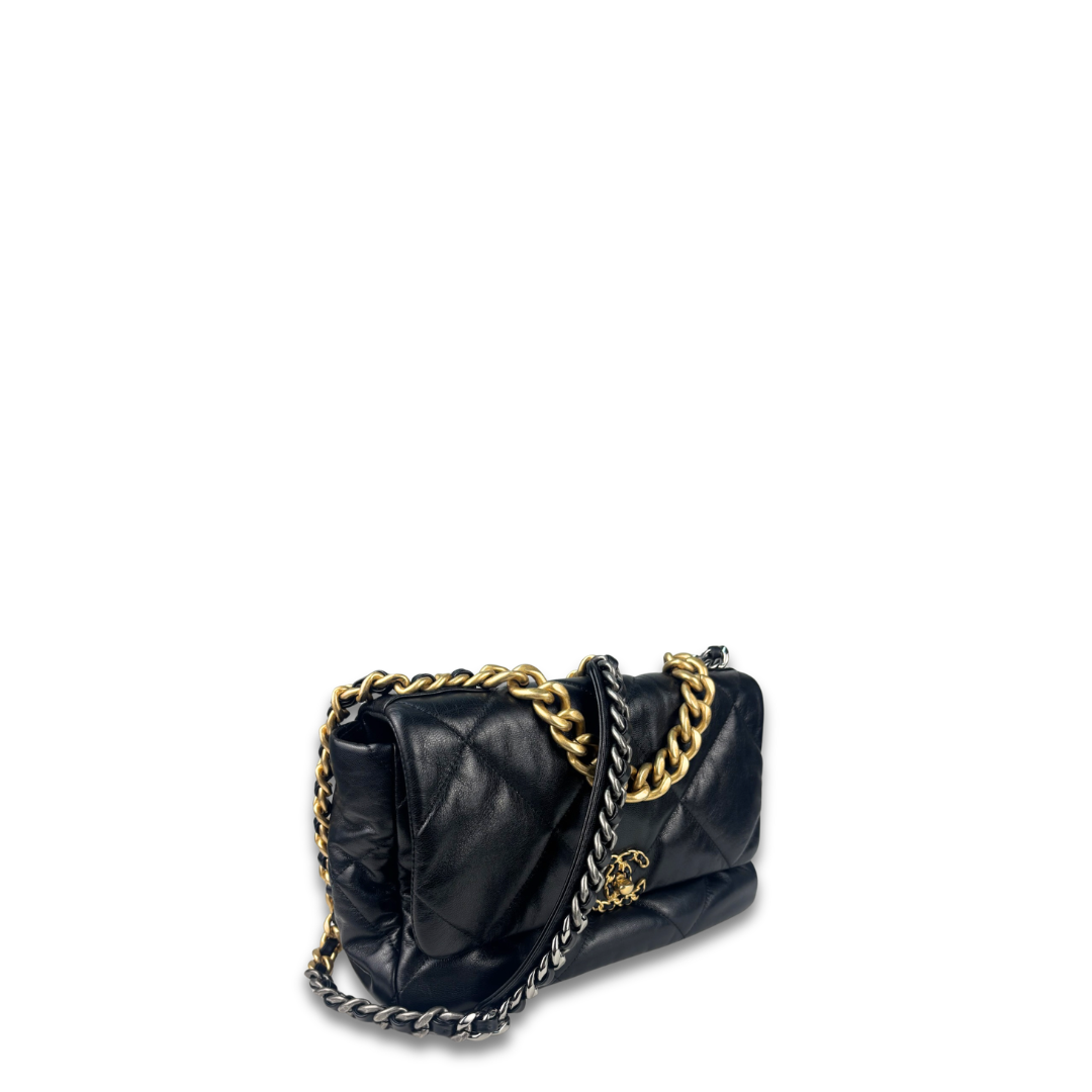 Chanel Black Goatskin Quilted Medium 19 Flap