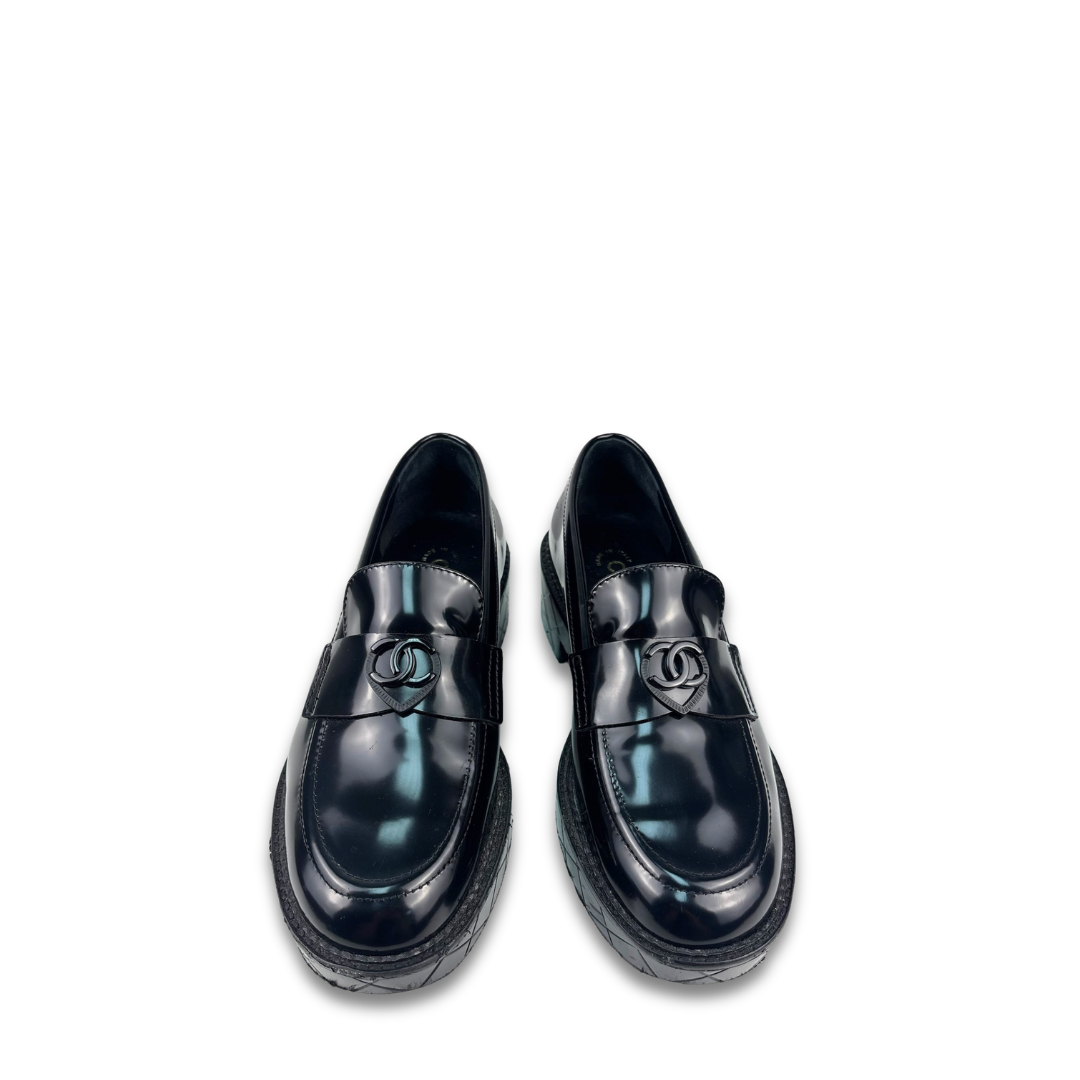Chanel Black Patent Heart Loafers - Size 37.5