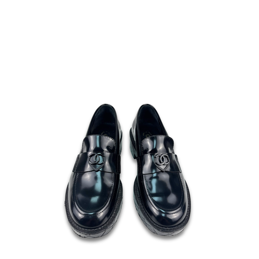 Chanel Black Patent Heart Loafers - Size 37.5