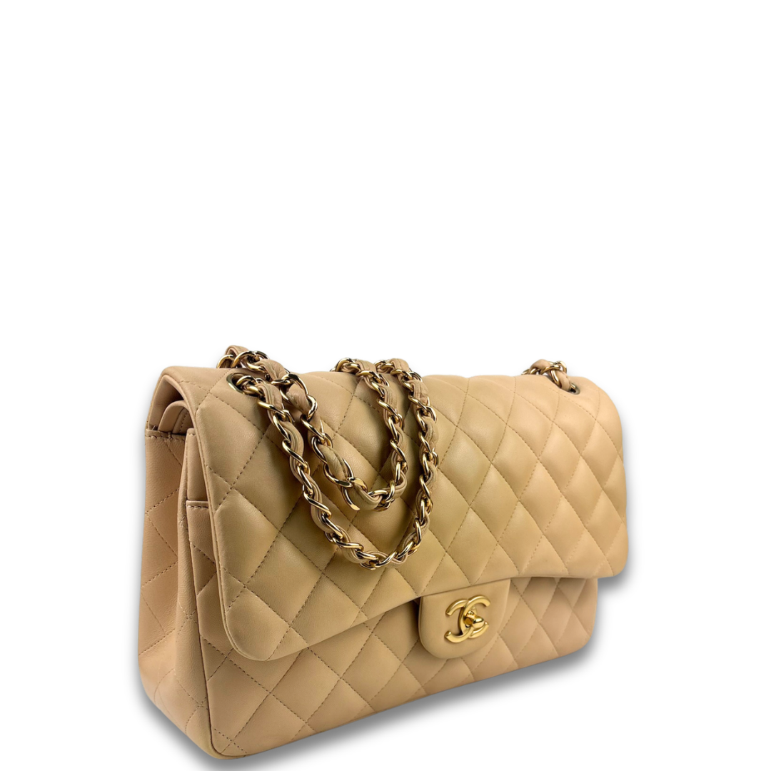 Chanel Beige Lambskin Classic Jumbo Double Flap