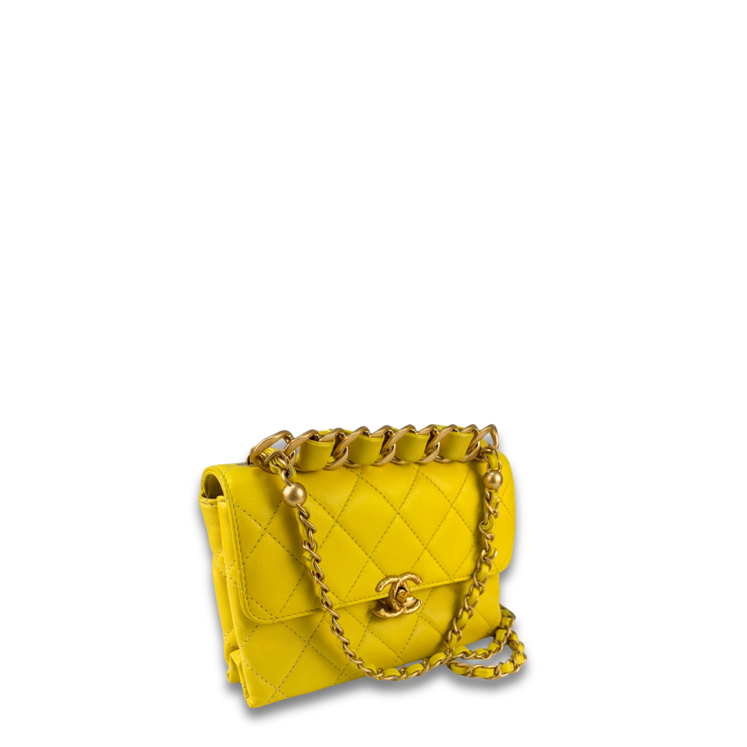 Chanel Yellow Mini Chain Bar Top Handle Flap Bag