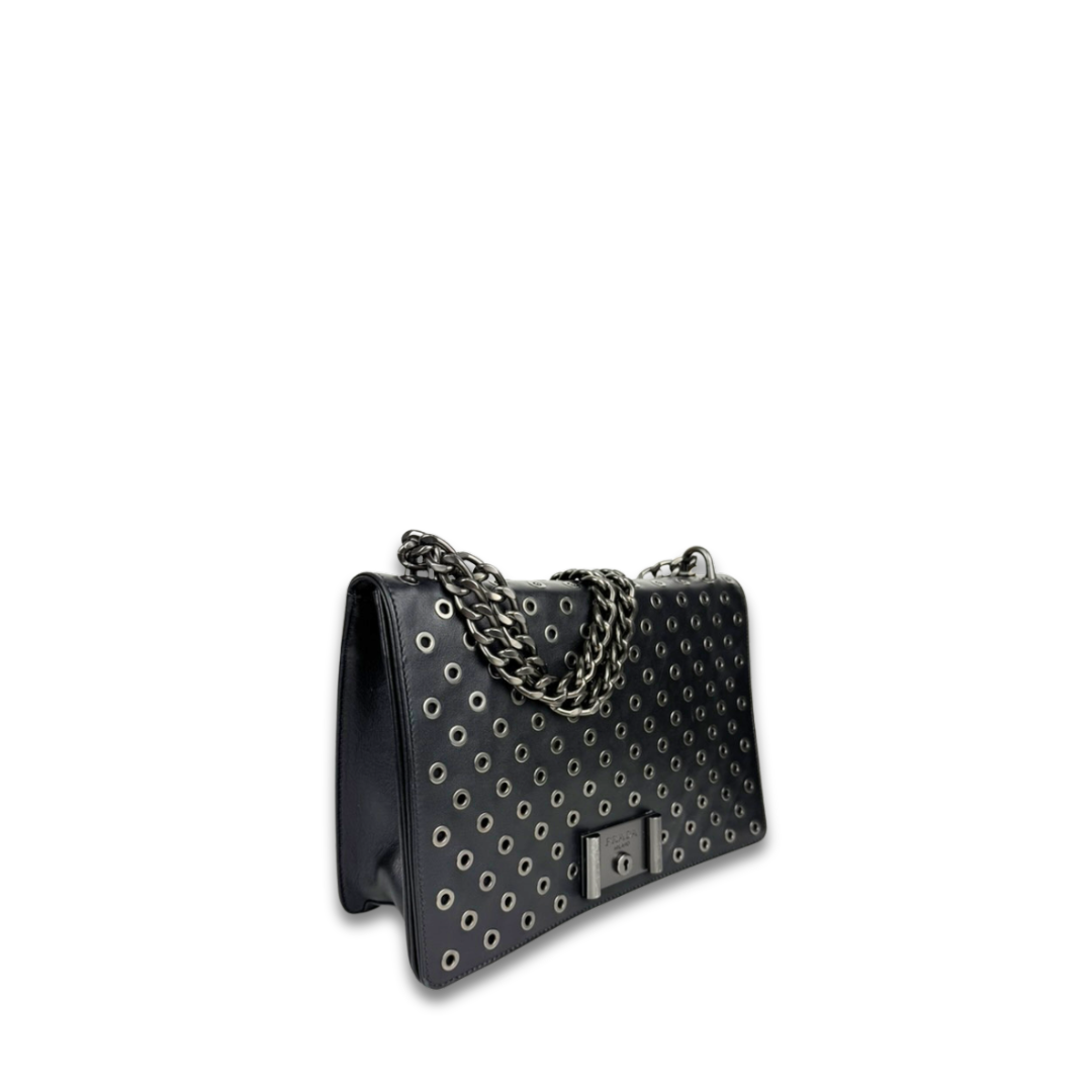 Prada Soft Calf Grommet Lock Flap Chain Shoulder Bag