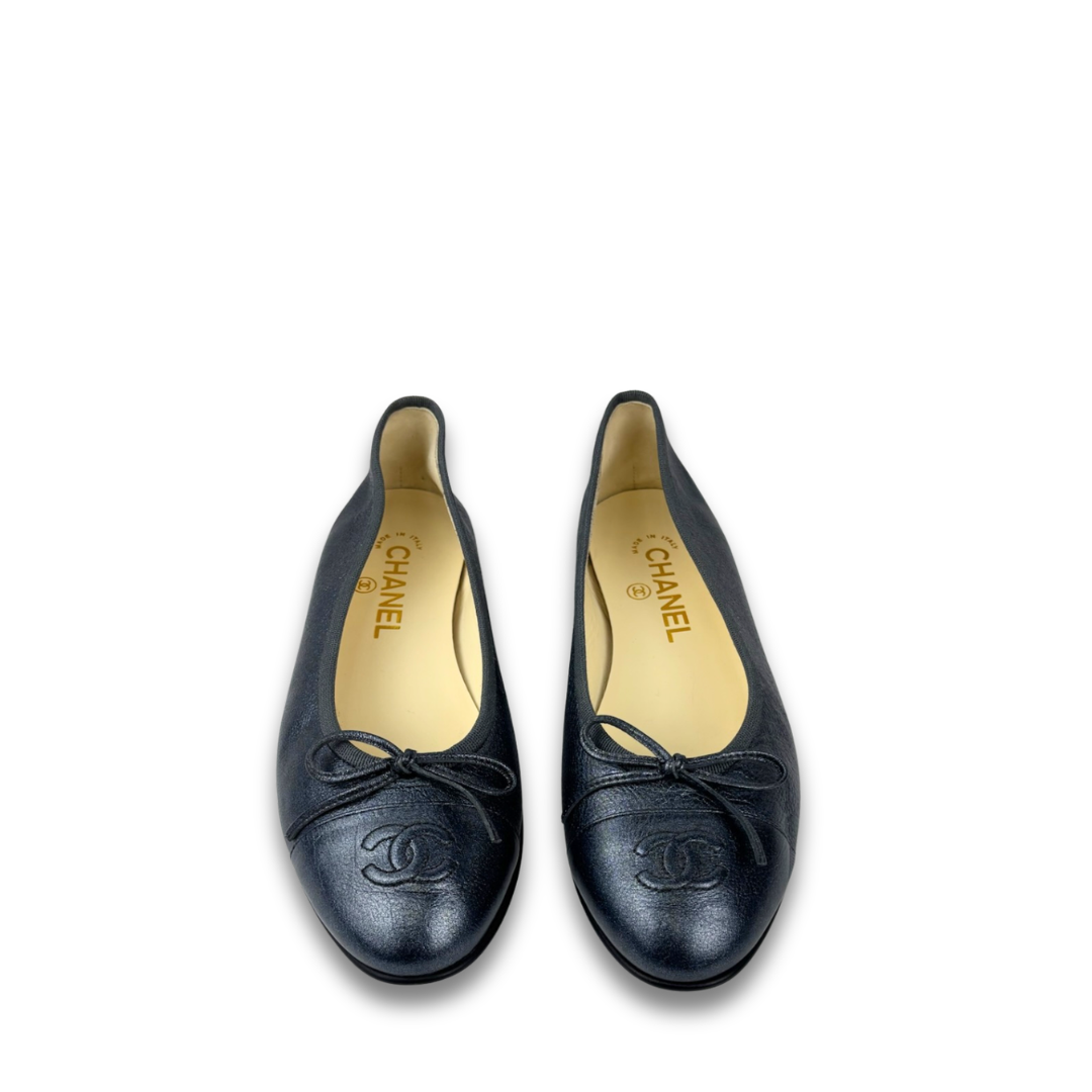 Chanel Metallic Gunmetal Ballet Flats - Size 37.5