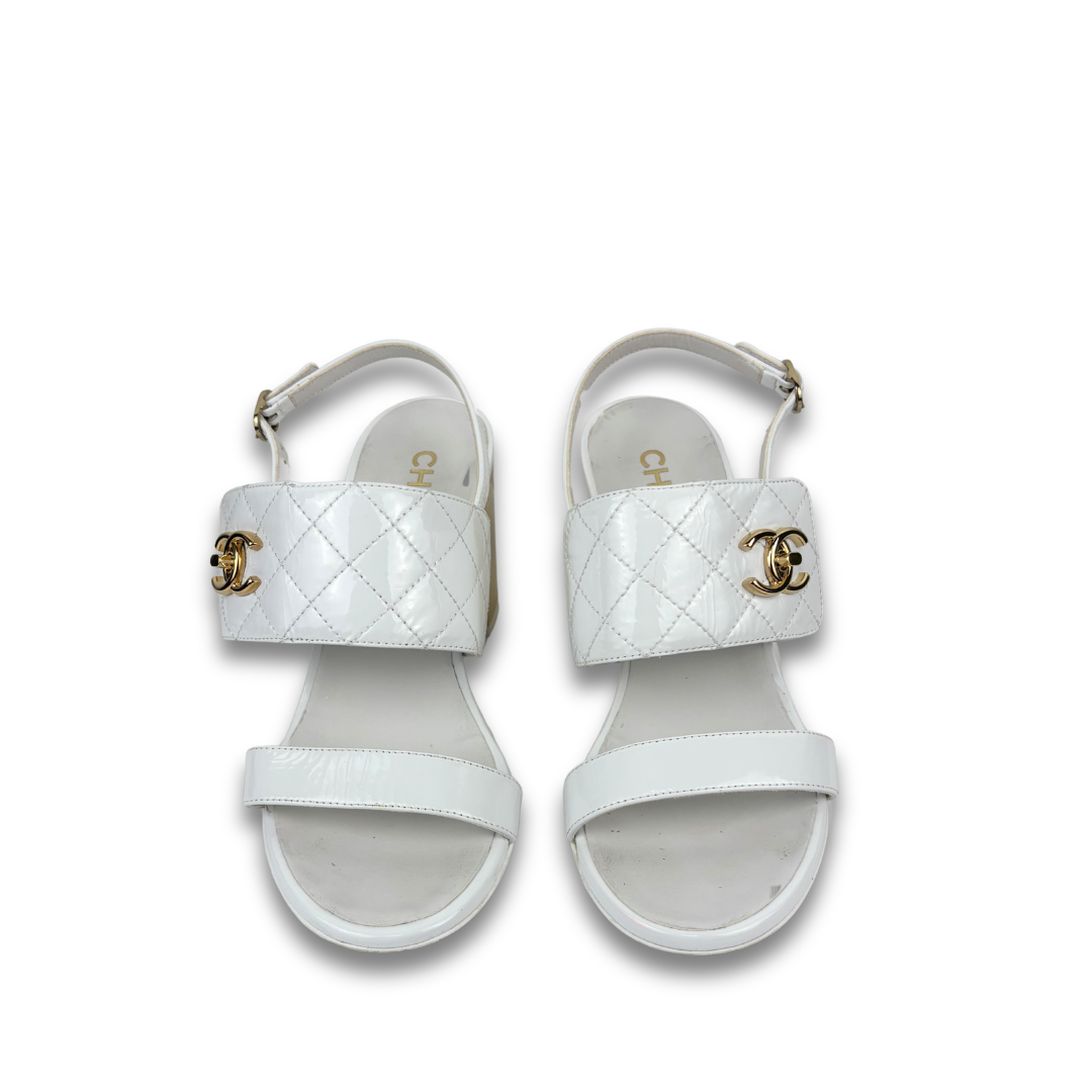 Chanel White Patent Heeled Sandals - Size 37