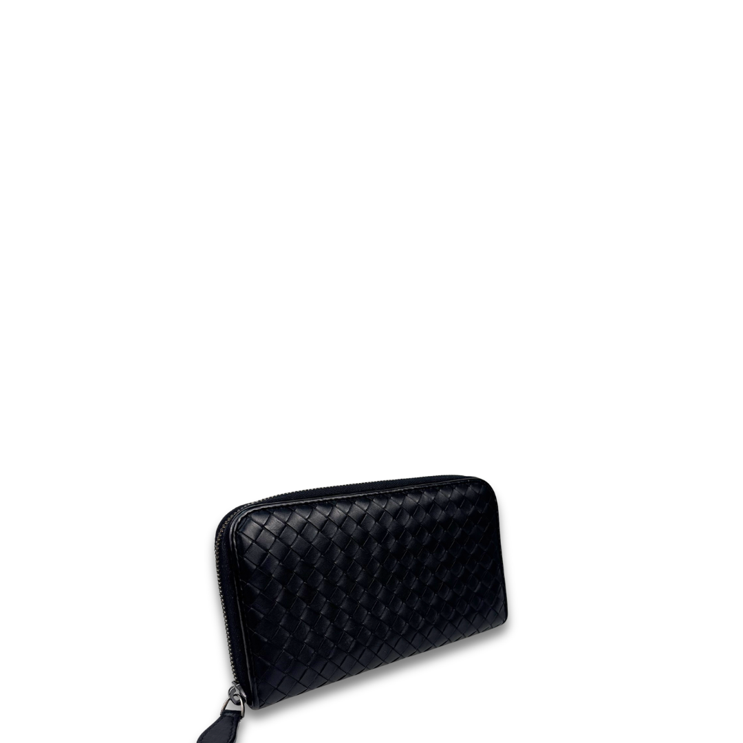 Bottega Veneta Black Intrecciato Full Size Zip Wallet
