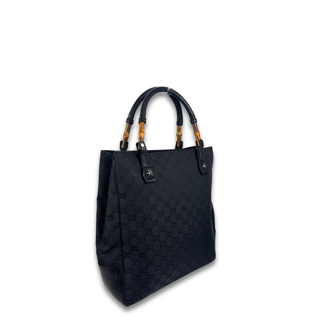 Gucci Black GG Canvas Bamboo Tote