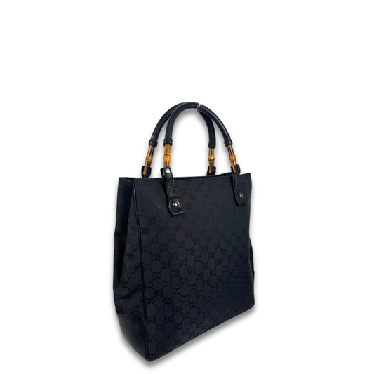 Gucci Black GG Canvas Bamboo Tote