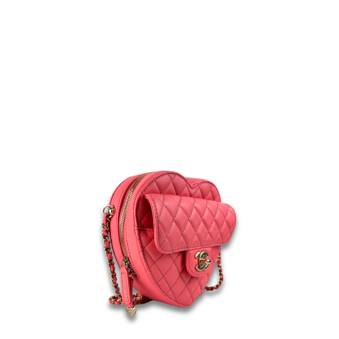 Chanel Pink Quilted CC In Love Heart Clutch with Chain